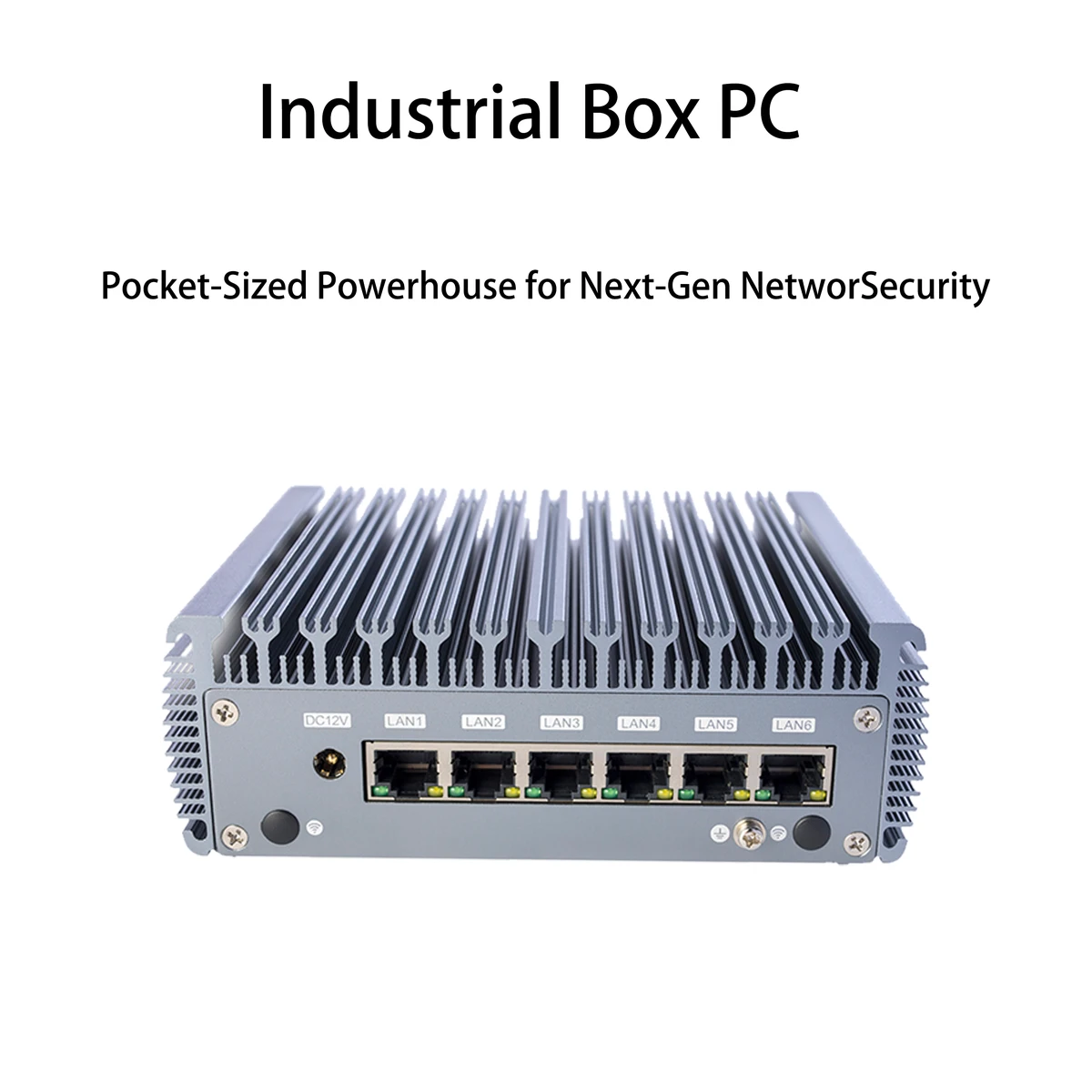 Fanless mini industrial computer with 4x Gigabit RJ45 ports, passive cooling, and compact design for silent network security and edge routing.