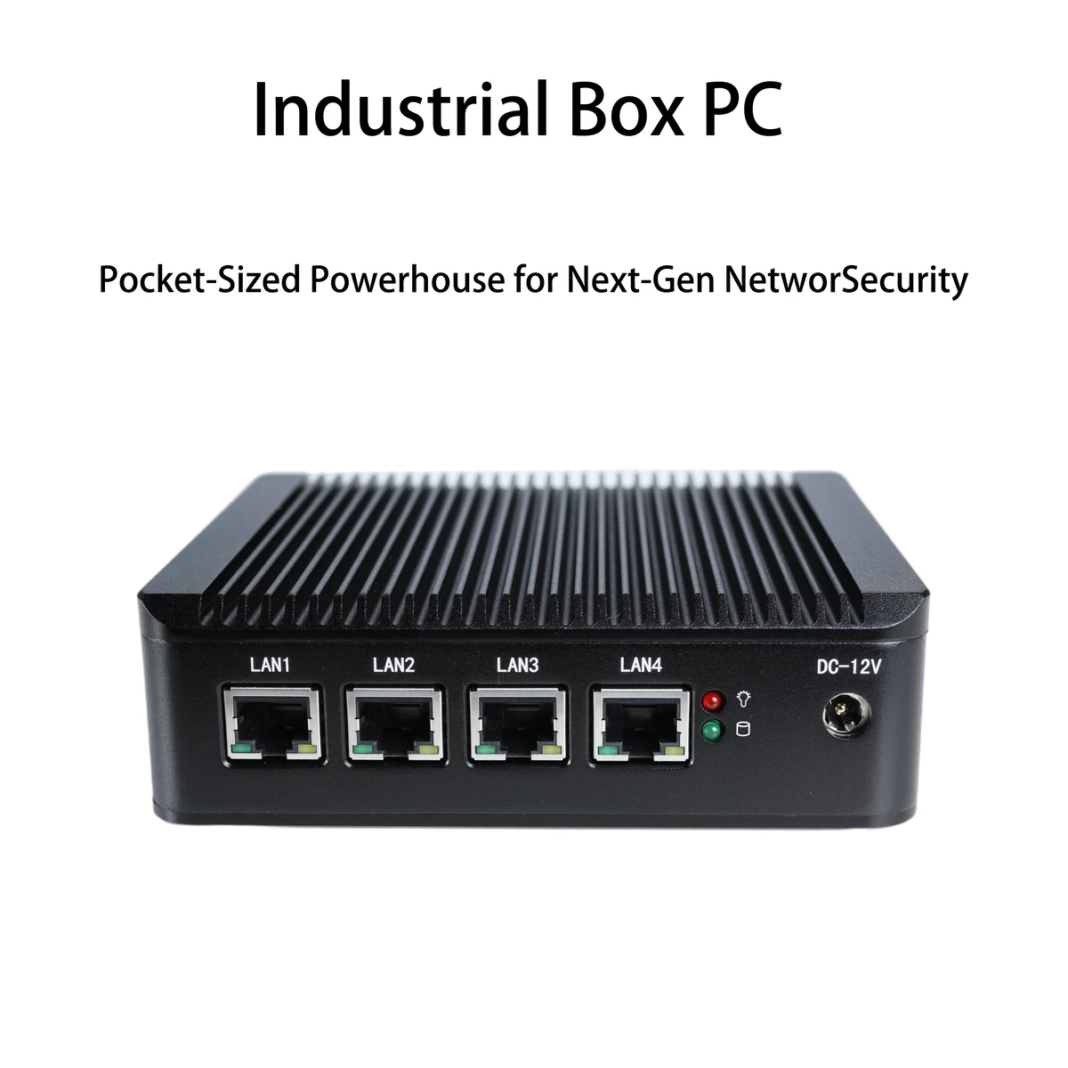 Fanless mini industrial computer with 4x Gigabit RJ45 ports, passive cooling, and compact design for silent network security and edge routing.